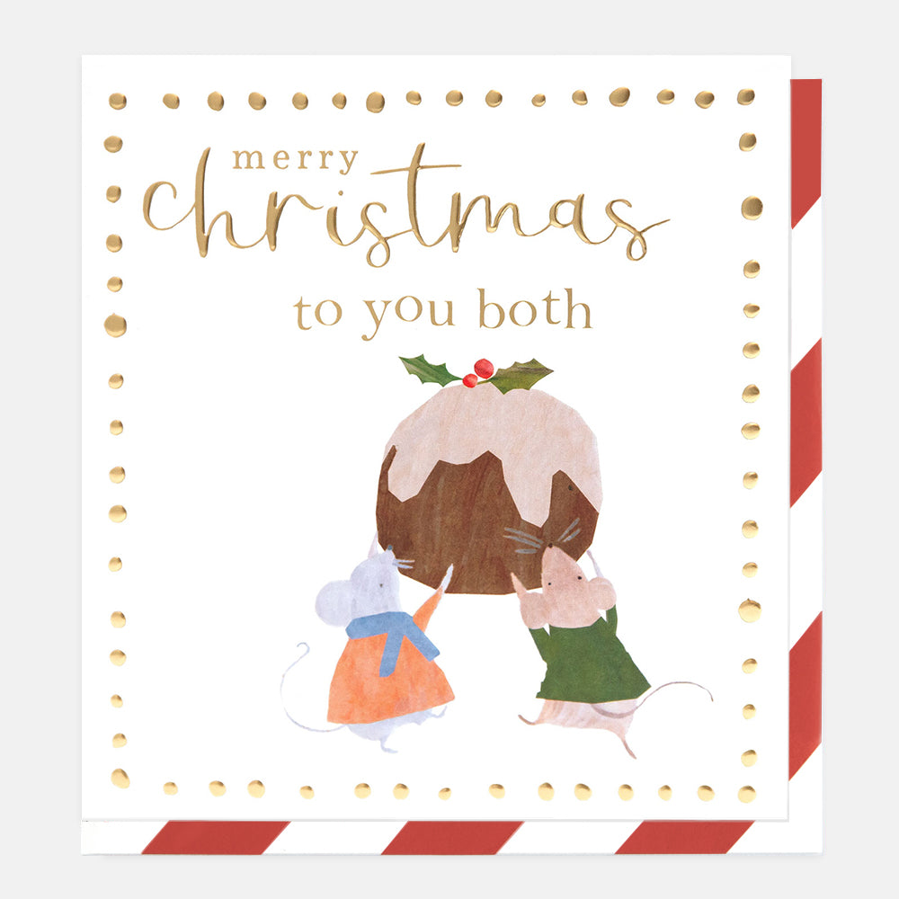 A square Christmas greeting card with the text 'merry christmas to you both' in gold lettering, featuring an illustration of two small mice looking up at a pudding topped with holly. The card has a white background with gold dotted border details and red-and-white striped edges, shown against a light gray background.