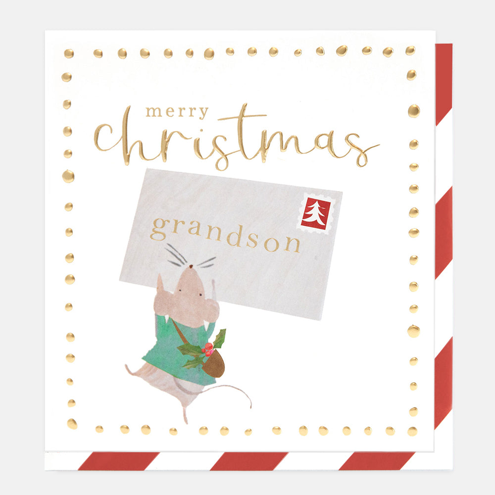 A square Christmas greeting card with a white background, gold foil-style border dots, and the words 'merry christmas' in gold script. A gray envelope labeled 'grandson' is shown, along with a small illustrated mouse in a green outfit and a red tree stamp.
