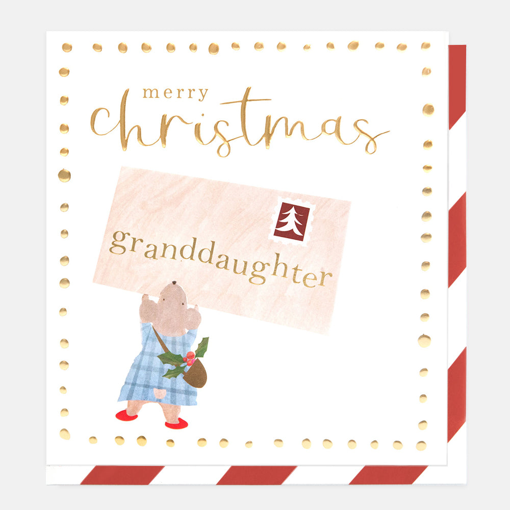 A square Christmas greeting card with a white background, gold foil-style border dots, and the words 'merry christmas' in gold script. The card features a pink paper-like panel reading 'granddaughter' with a small red tree logo, plus an illustration of a mouse in a blue plaid dress carrying a brown bag with green holly leaves.