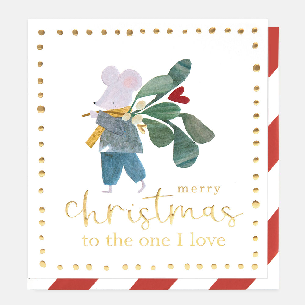 A square Christmas greeting card with a white background, featuring an illustration of a small mouse in blue clothing carrying green mistletoe with a red heart accent. The card has gold foil-style text reading 'merry christmas to the one I love' and a border of gold dots, with red-and-white striped edges visible.