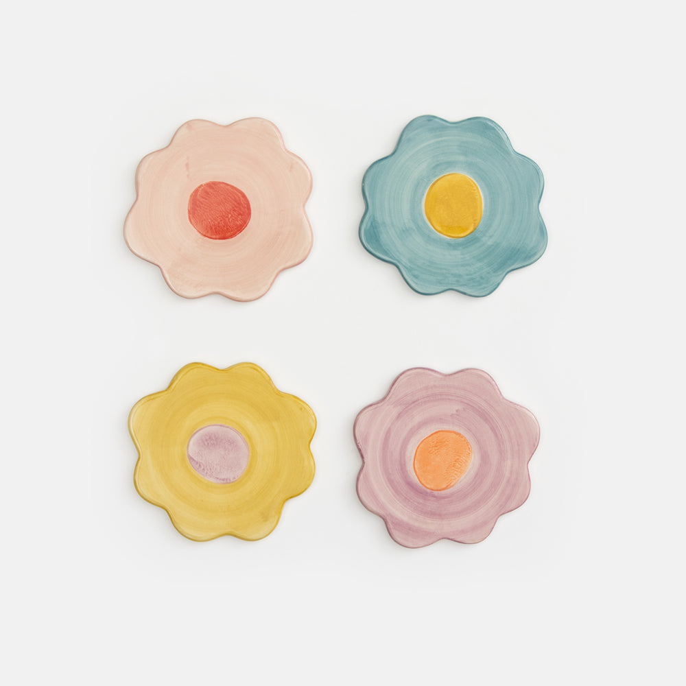 set of 4 multi coloured glazed stoneware floral coasters