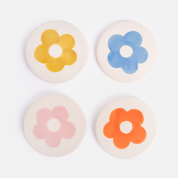 set of 4 ceramic stoneware colourful flower design coasters