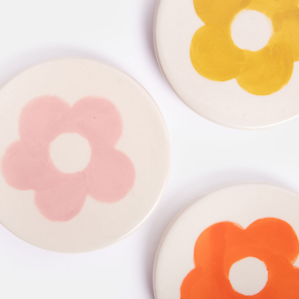 set of 4 ceramic stoneware colourful flower design coasters