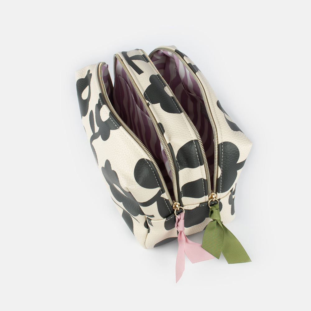 black and white monochrome floral print leather look washbag