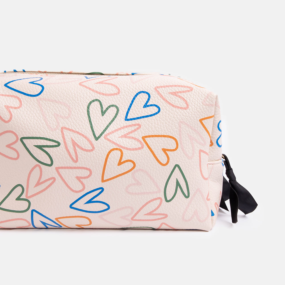 leather look large double zip wash bag in multi coloured outline hearts print design