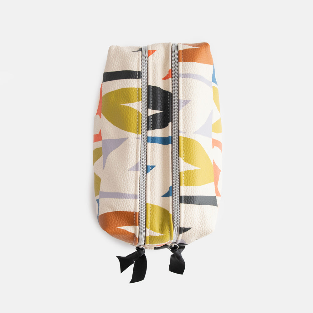 leather look PU large travel wash bag in multicoloured hearts design, with double silver zip opening, side grab handle, grey stripe print lining and black grosgrain zip pull