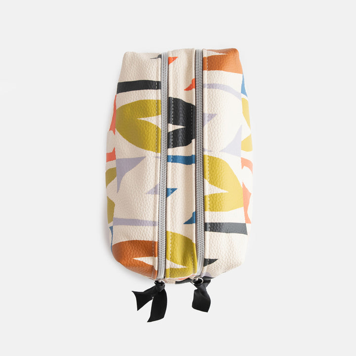 leather look PU large travel wash bag in multicoloured hearts design, with double silver zip opening, side grab handle, grey stripe print lining and black grosgrain zip pull