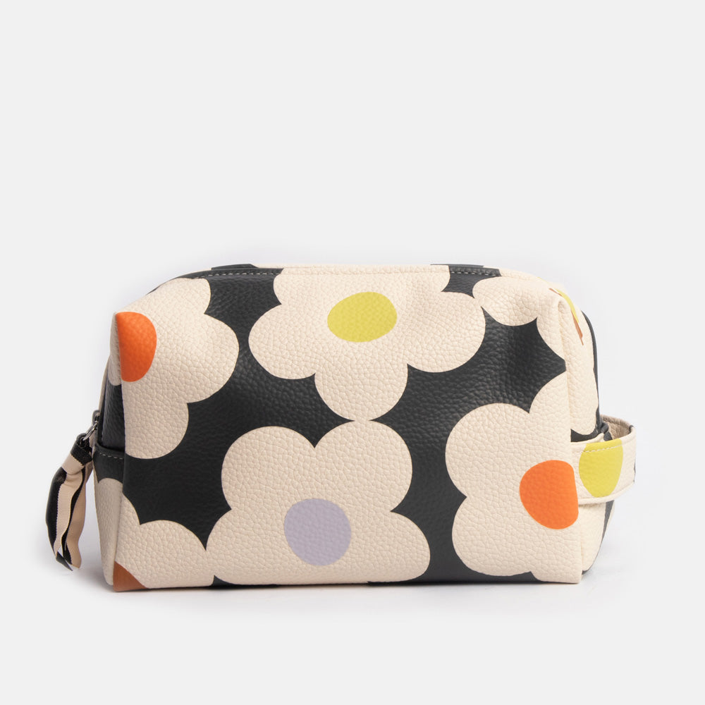 large travel wash bag in leather look PU with white flower design on charcoal base