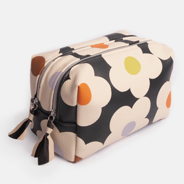 large travel wash bag in leather look PU with white flower design on charcoal base