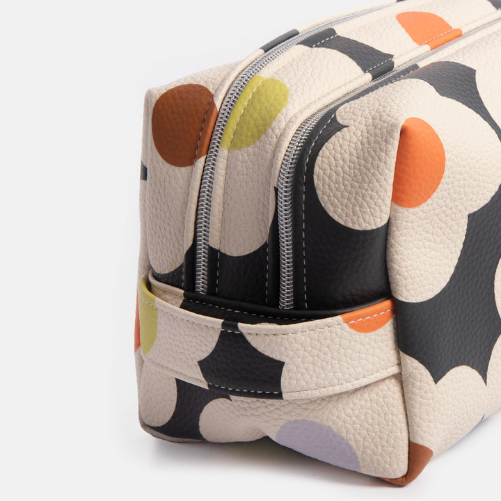 large travel wash bag in leather look PU with white flower design on charcoal base