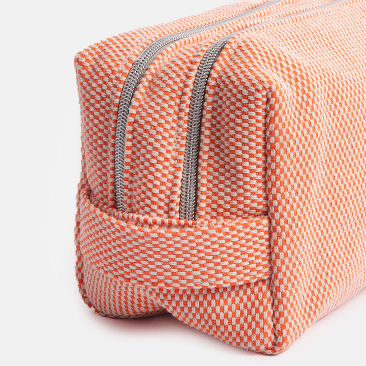orange woven check large travel washbag with double zip opening