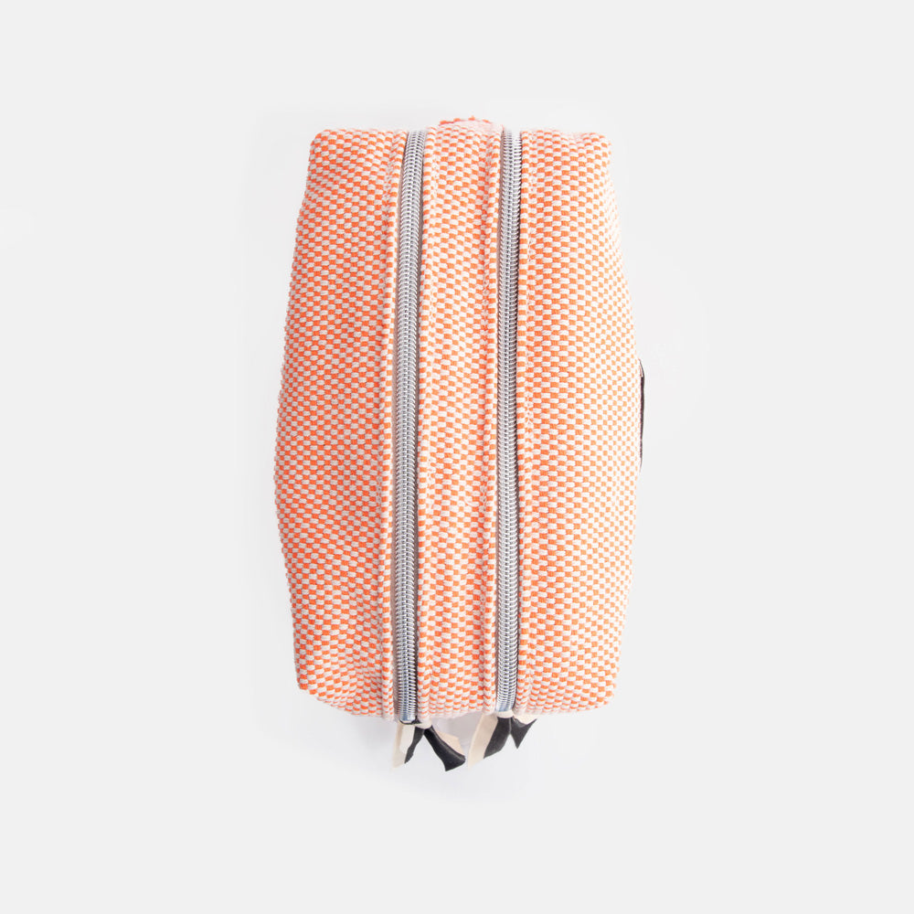 orange woven check large travel washbag with double zip opening