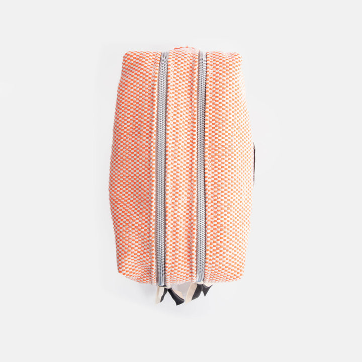 orange woven check large travel washbag with double zip opening