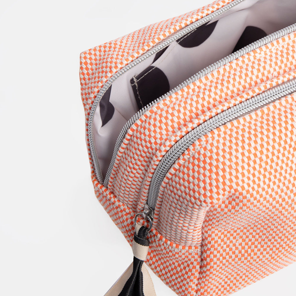 orange woven check large travel washbag with black spot lining