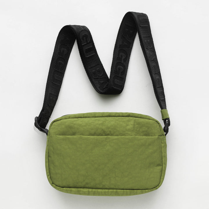 lime green recycled nylon crossbody camera bag made by Baggu