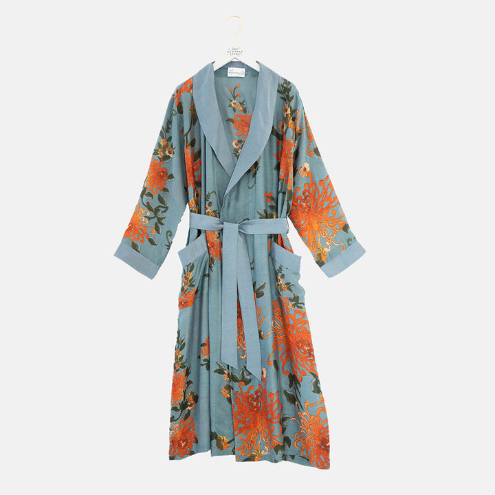 grey and orange chrysanthemum print lightweight dressing gown, made by one hundred stars