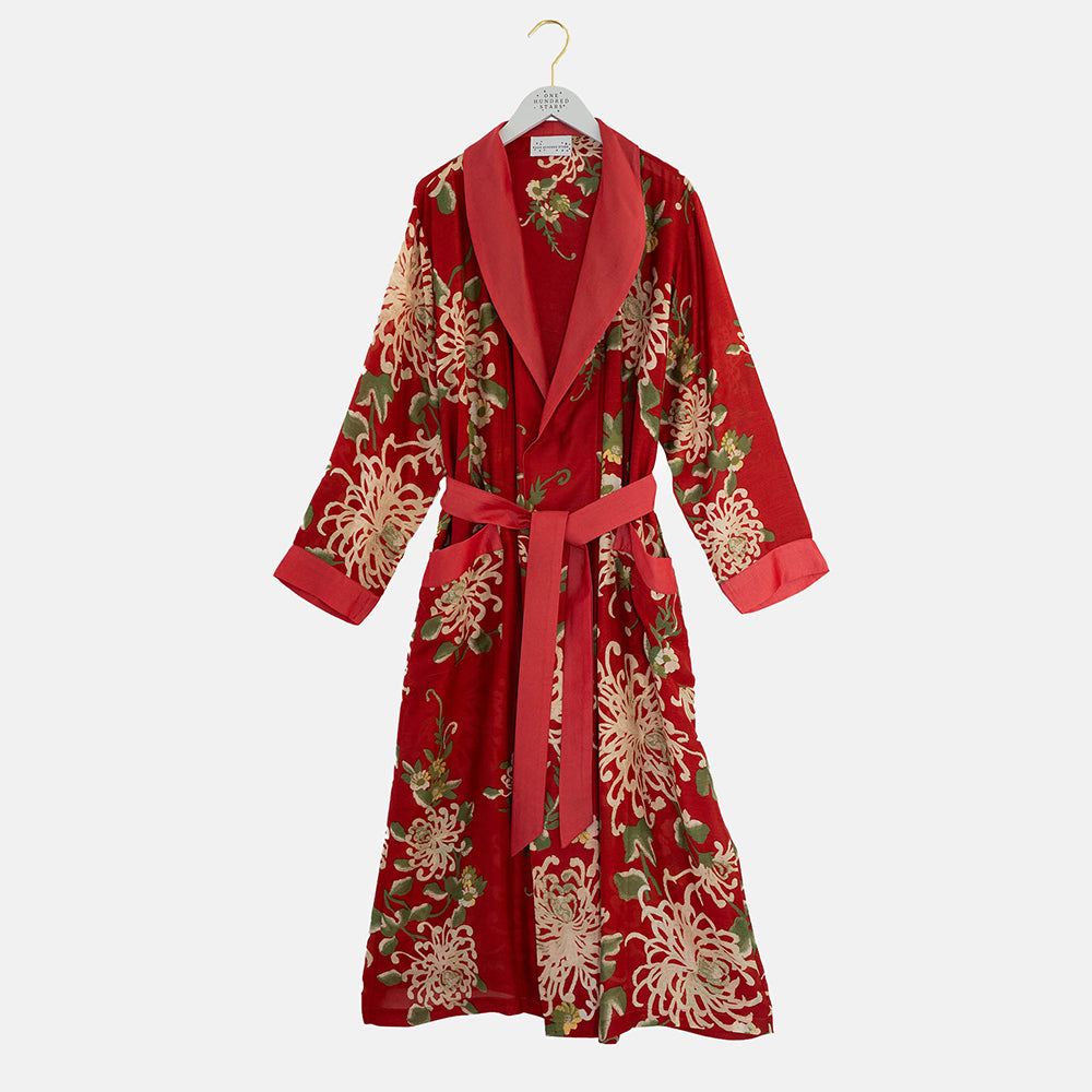 chrysanthemum flower print on red base lightweight dressing gown, made by one hundred stars