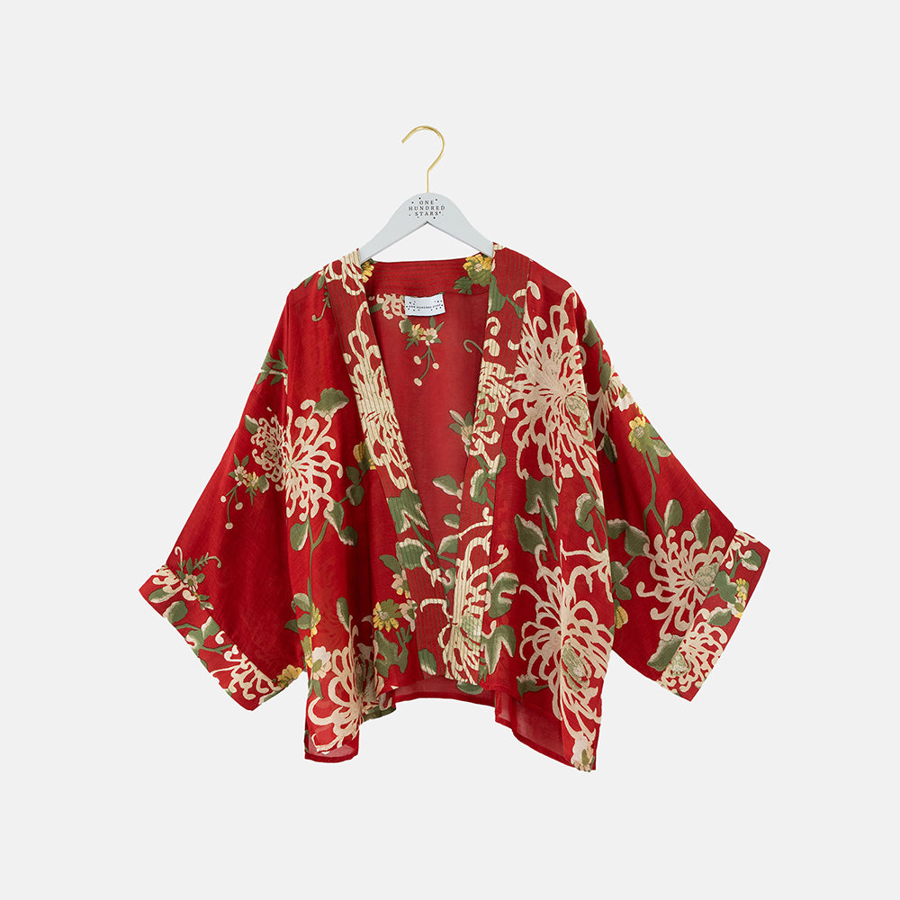 red Chrysanthemum print short kimono jacket, made by one hundred stars