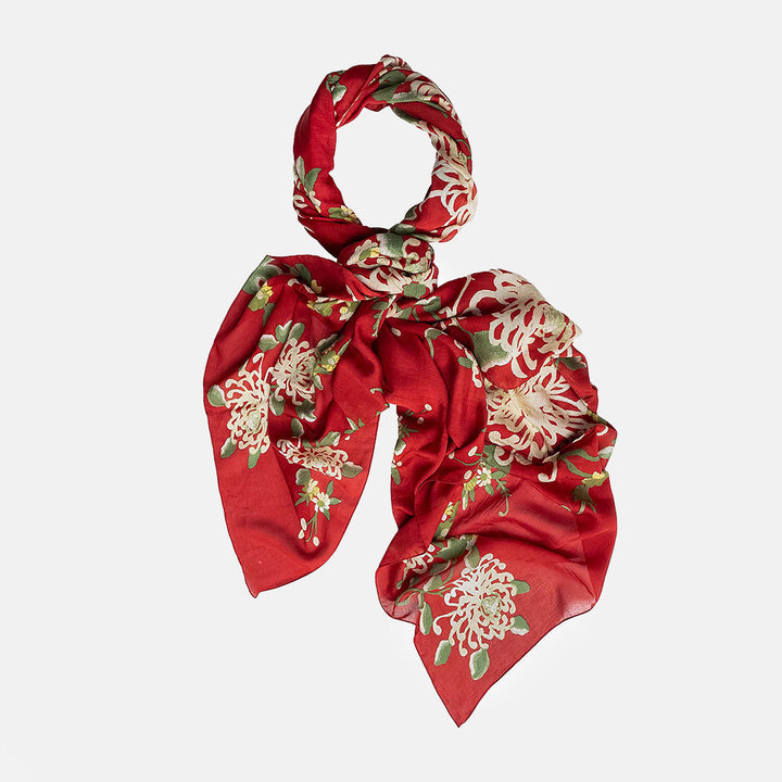 100cm x 2000cm red Chrysanthemum print scarf, made by one hundred stars