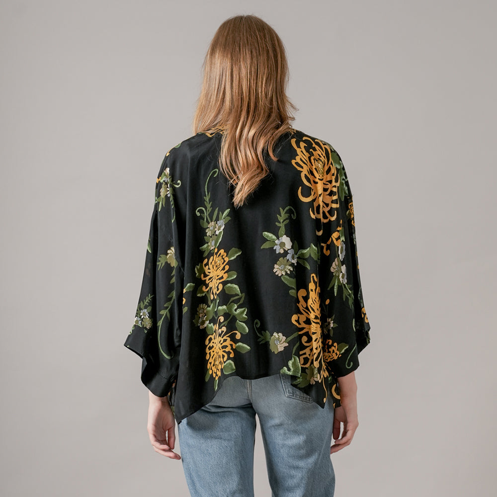 yellow chrysanthemum on black base short crepe kimono jacket, made by one hundred stars