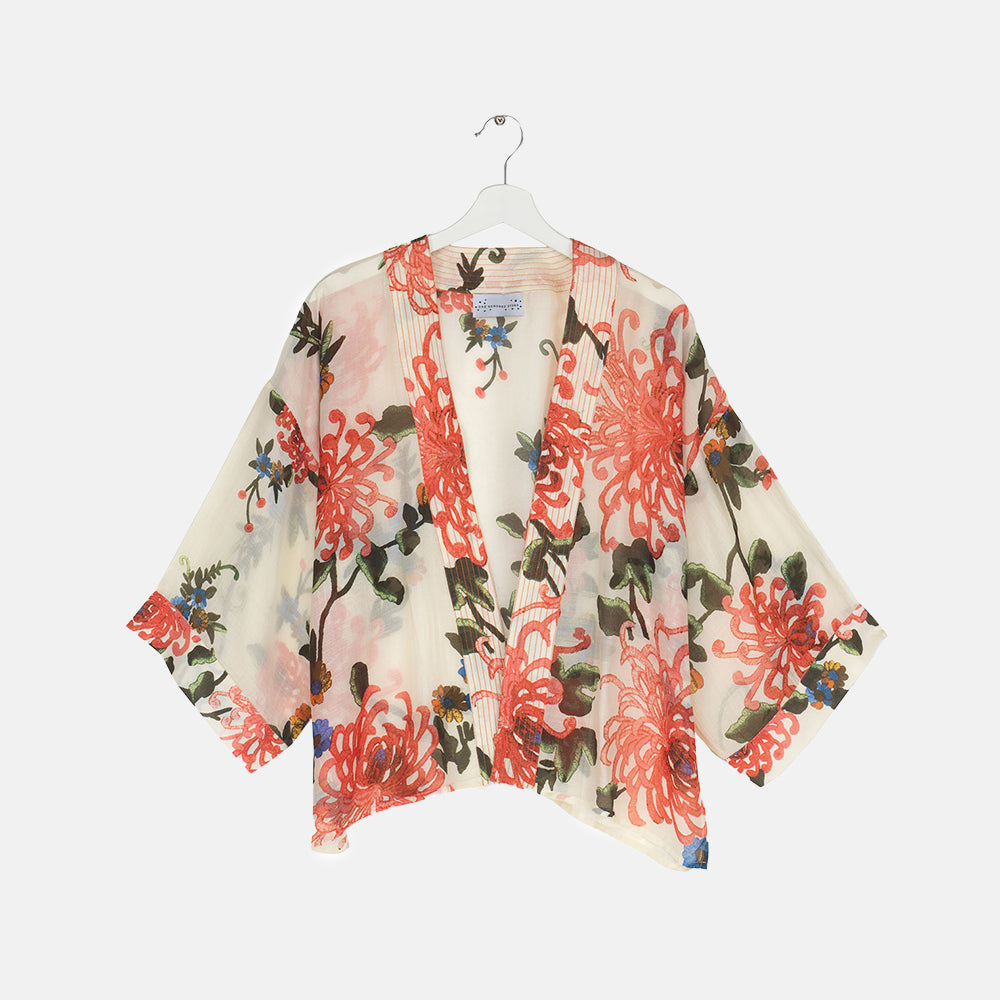 women's pink Chrysanthemum on ecru base short kimono, by One Hundred Stars