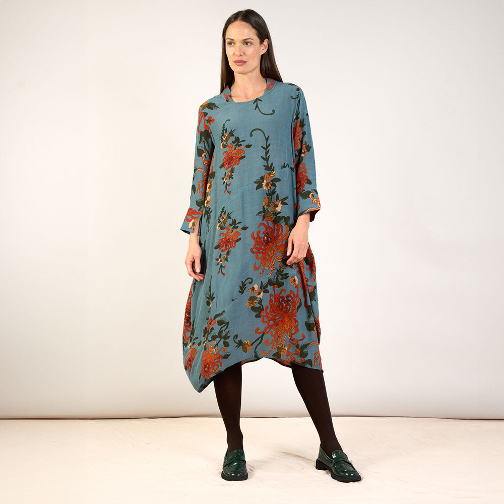 orange chrysanthemum flower print on grey base asymmetric 3/4 length dress, made by one hundred stars 