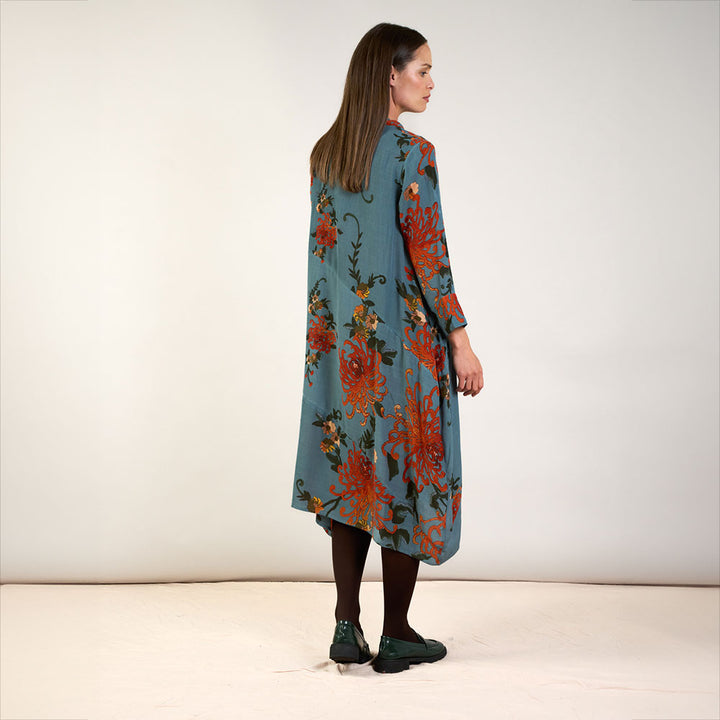 orange chrysanthemum flower print on grey base asymmetric 3/4 length dress, made by one hundred stars 