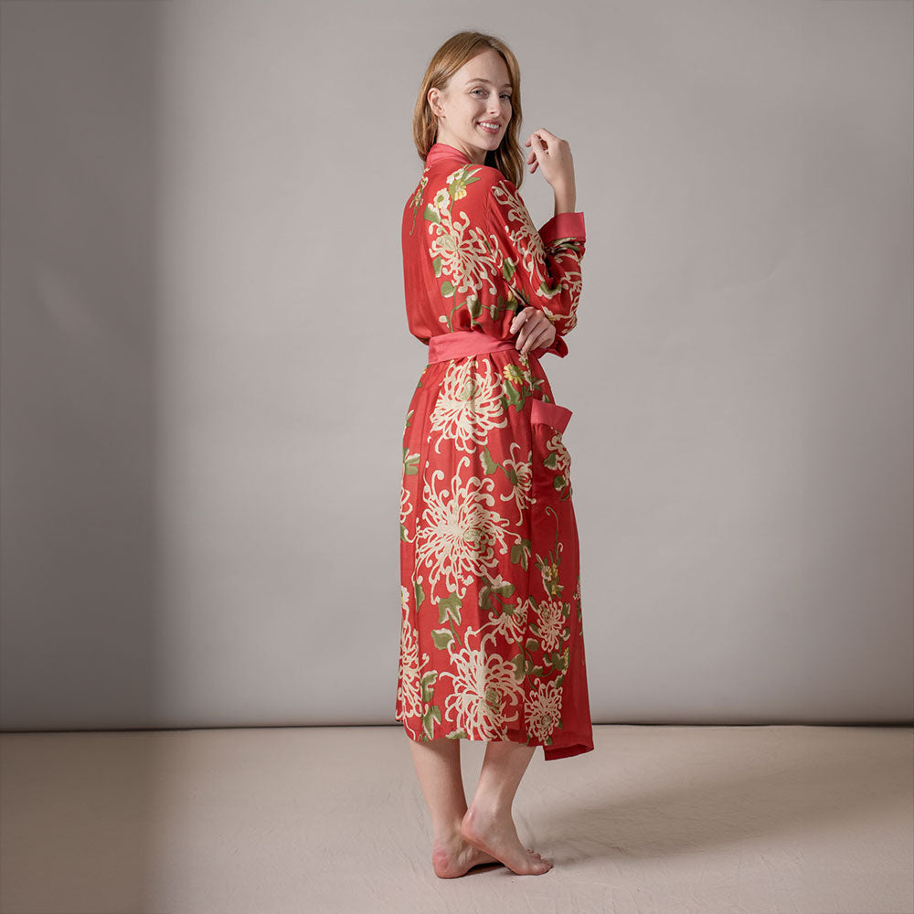 chrysanthemum flower print on red base lightweight dressing gown, made by one hundred stars