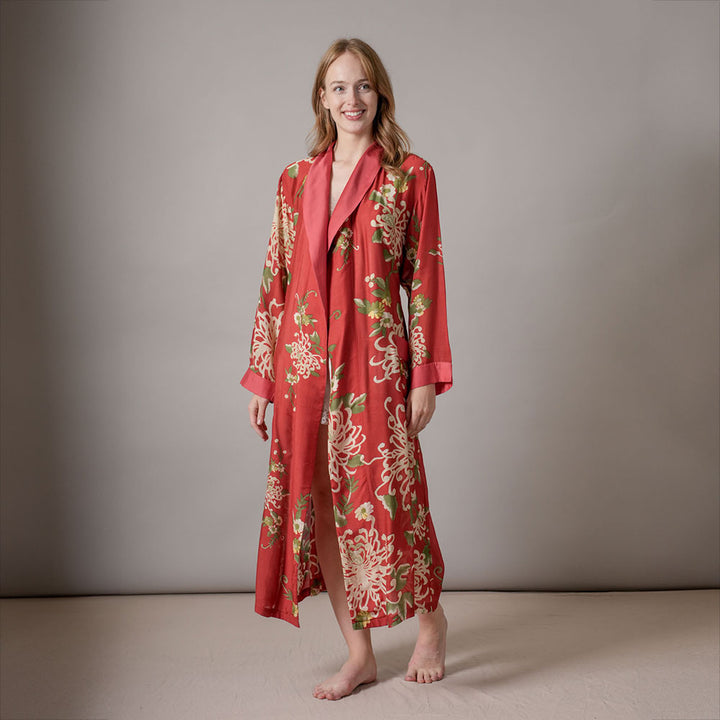 chrysanthemum flower print on red base lightweight dressing gown, made by one hundred stars