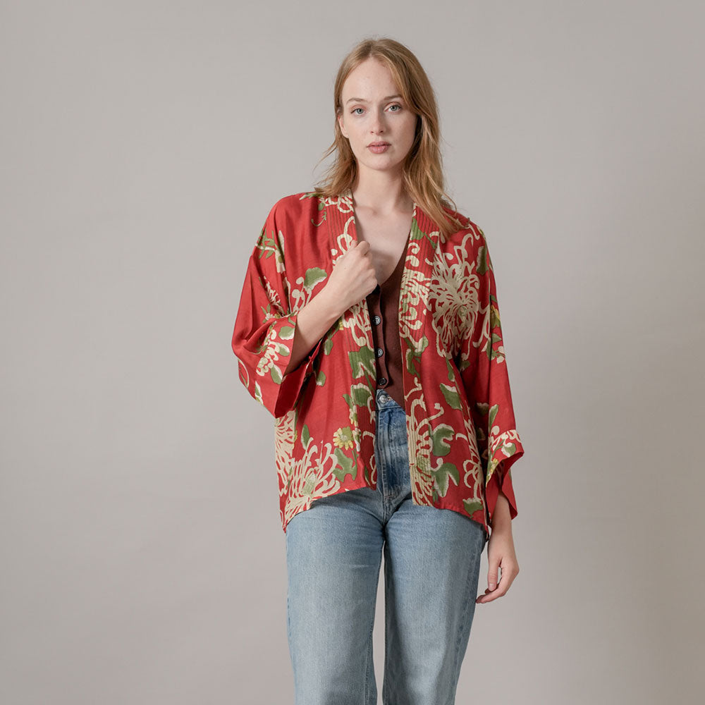 red Chrysanthemum print short kimono jacket, made by one hundred stars