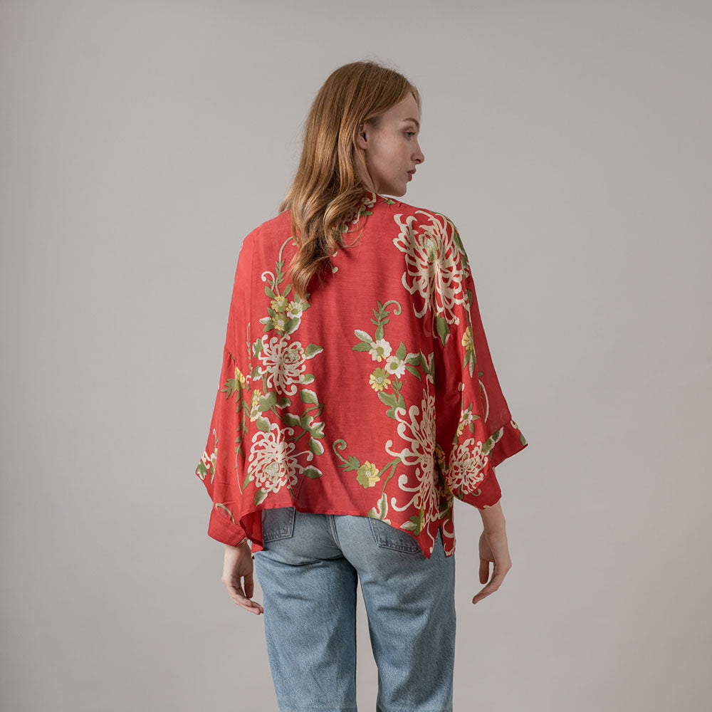 red Chrysanthemum print short kimono jacket, made by one hundred stars