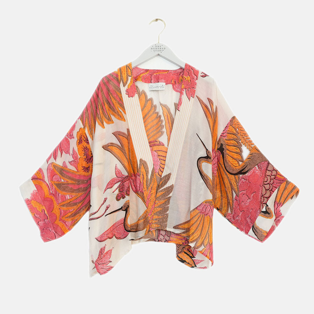 pink & orange cranes print on ecru base short kimono jacket, made by On Hundred Stars