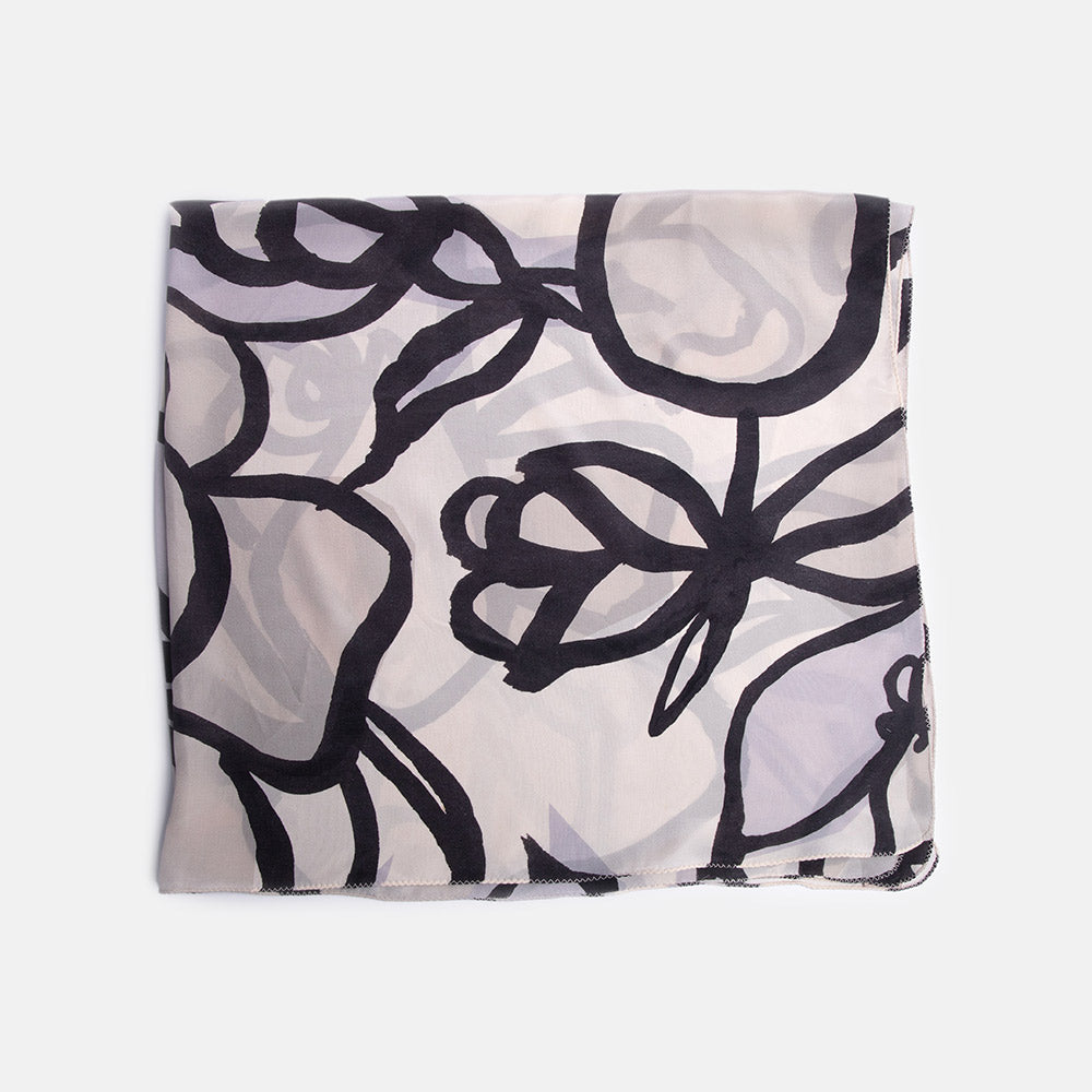 Mono Flower Printed Silk Scarf Folded