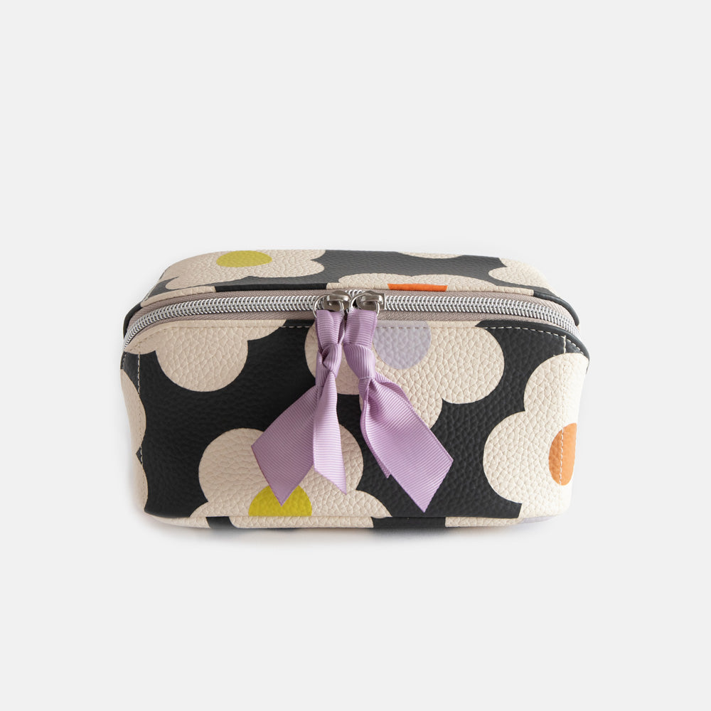 leather look PU lay flat cosmetics bag in multi flower charcoal design with striped wipe clean lining, silver zip and lilac grosgrain pull