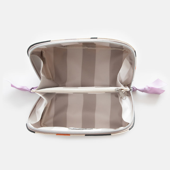 leather look PU lay flat cosmetics bag in multi flower charcoal design with striped wipe clean lining, silver zip and lilac grosgrain pull