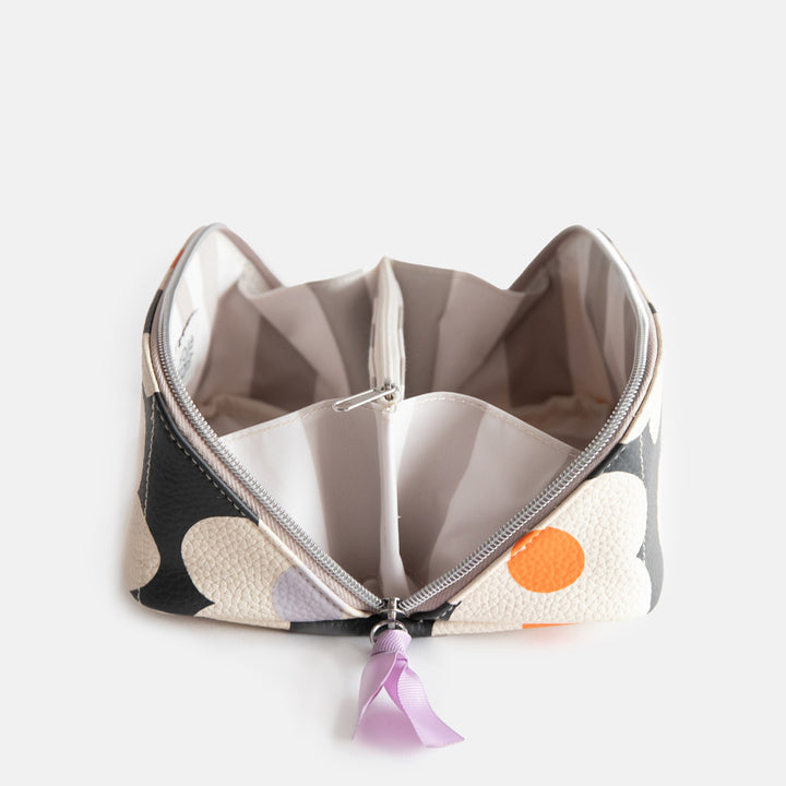 leather look PU lay flat cosmetics bag in multi flower charcoal design with striped wipe clean lining, silver zip and lilac grosgrain pull