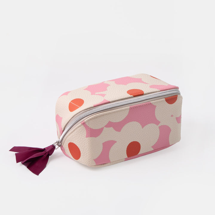 pink & white flower print flat lay wash bag