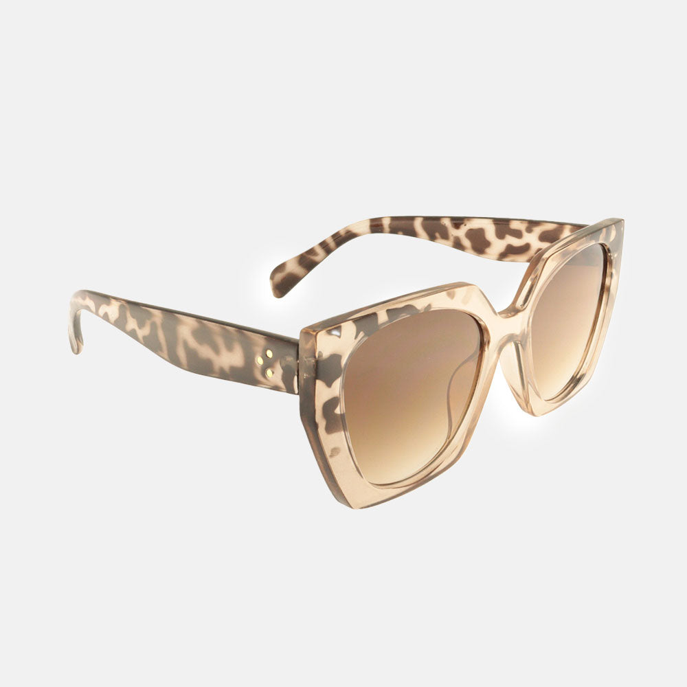 geometric cat eye sunglasses with brown animal print design and brown lenses