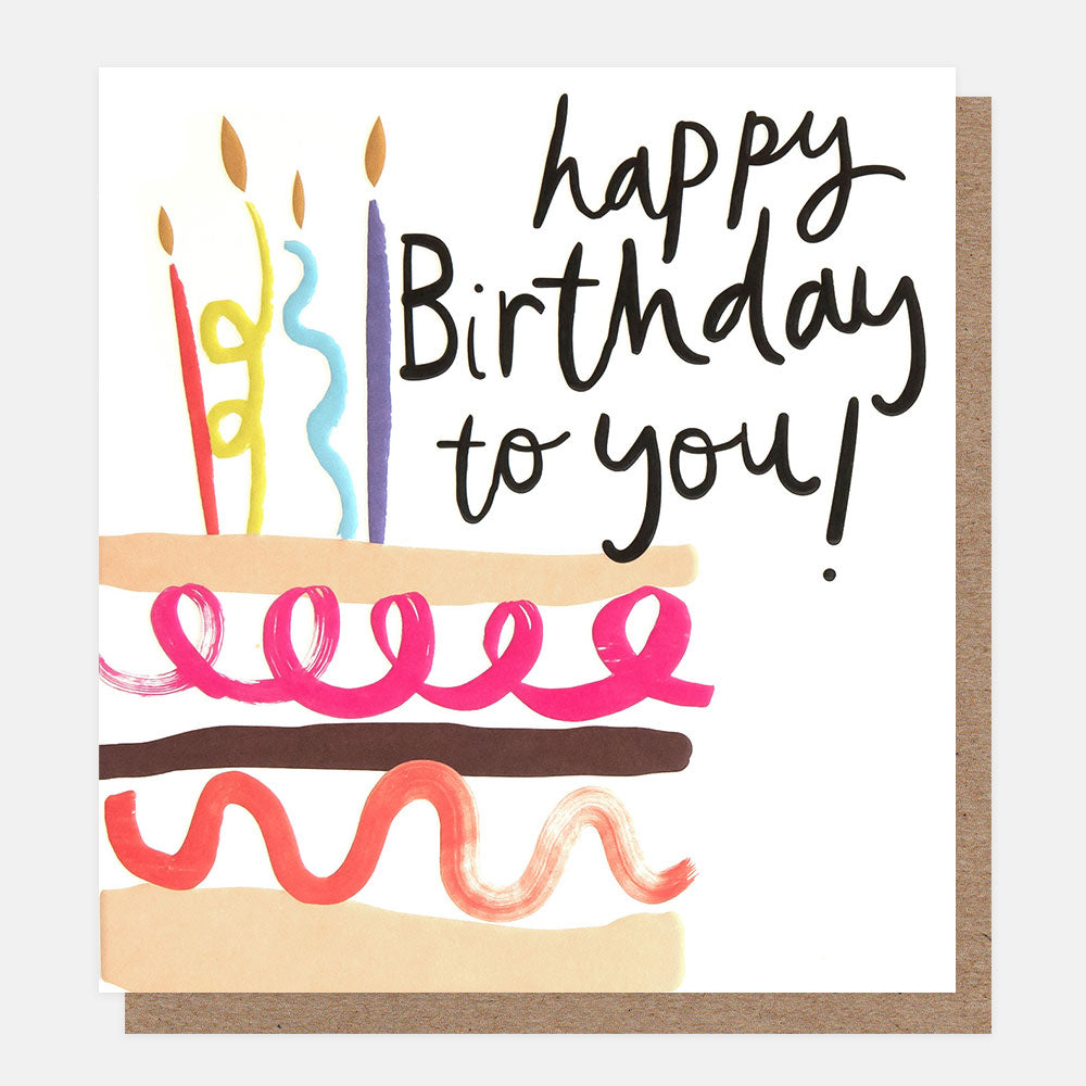 birthday card featuring a cake with colourful candles and 'happy birthday to you' message in black handwritten style lettering