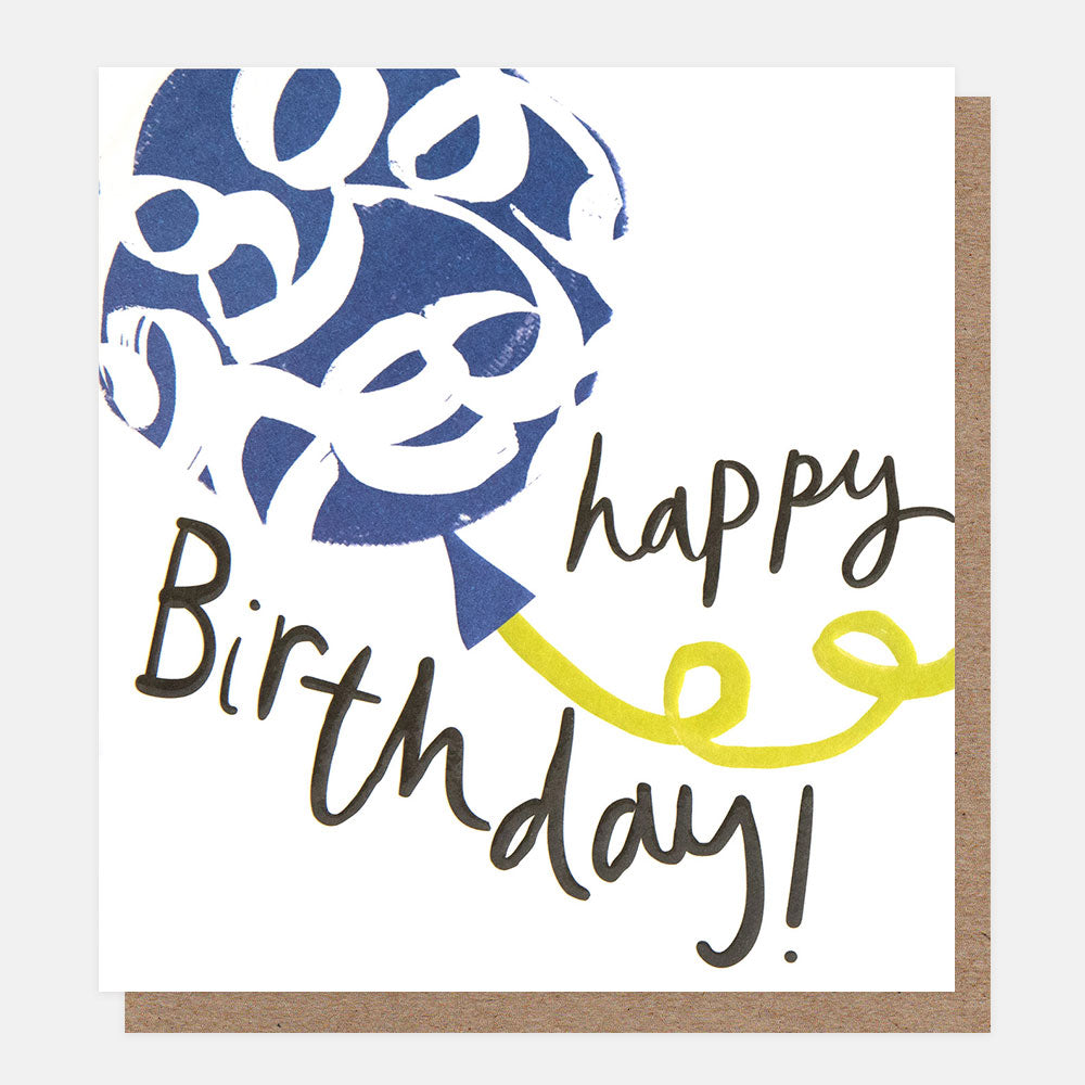 birthday card featuring a big blue balloon and 'happy birthday' message in black handwritten style lettering
