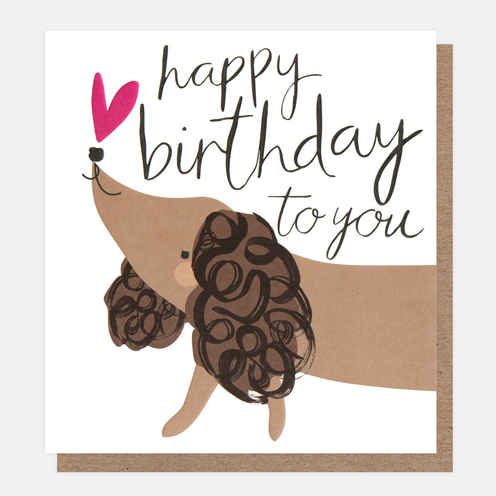 birthday card featuring a sausage dog and 'happy birthday to you' message in black handwritten style lettering
