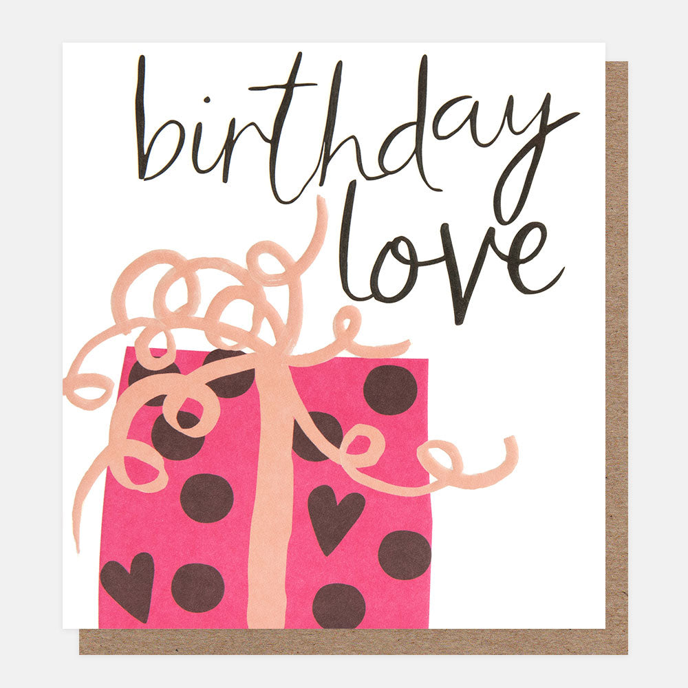 birthday card featuring a present with curly ribbon and 'birthday love' message in black handwritten style lettering

