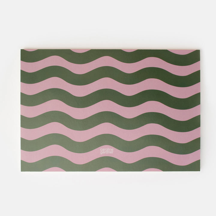 black and white monochrome floral print desk pad reverse with pink and green wave stripe