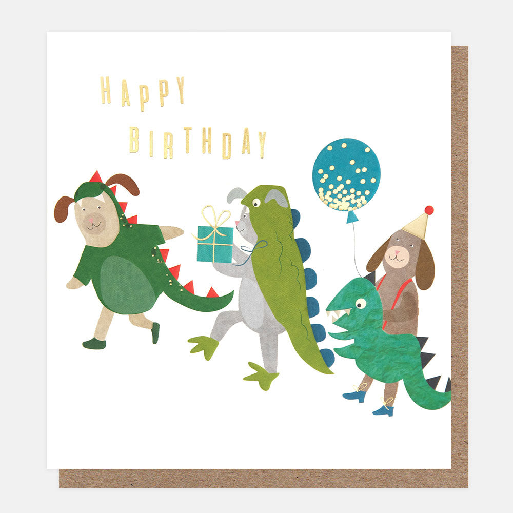 dogs dressed up as dinosaurs happy birthday card