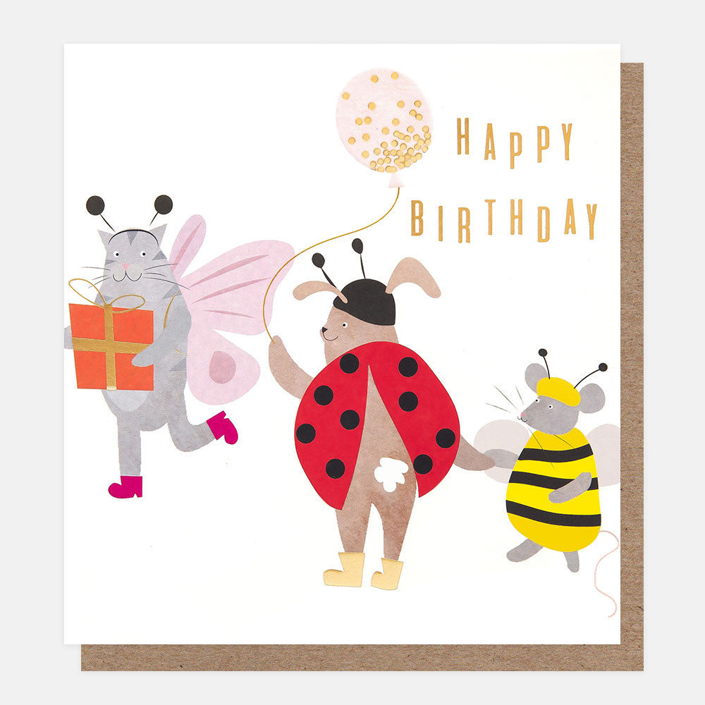 animals dressed up as bugs happy birthday card