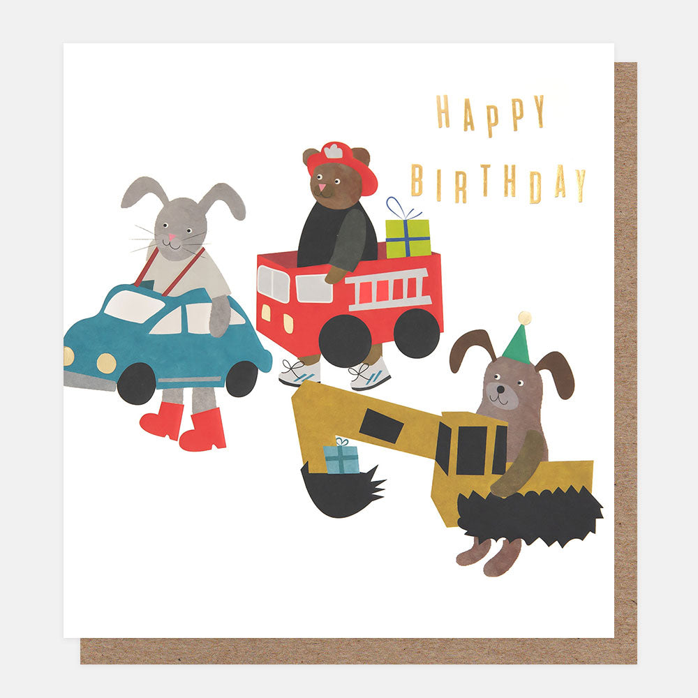 animals dressed up as car, fire engine and digger, happy birthday card