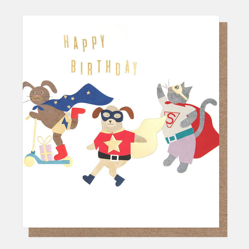 dog, cat & rabbit dressed up in superhero fancy dress happy birthday card