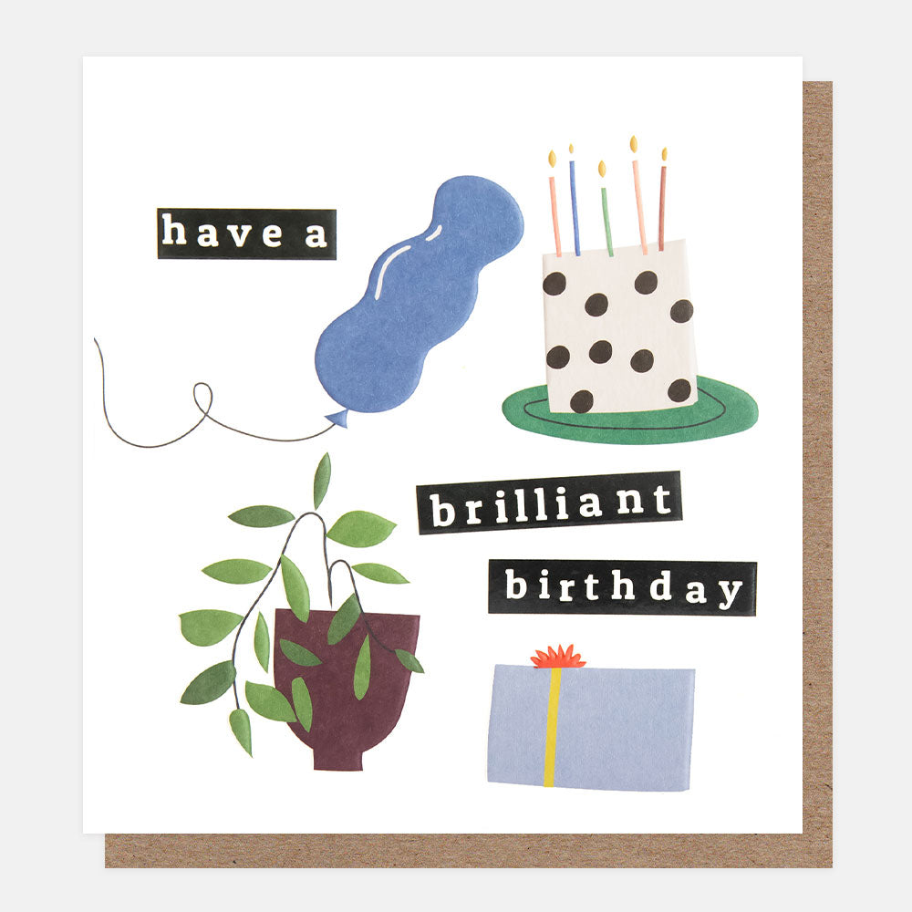 cake, balloon, present and plant have a brilliant birthday card