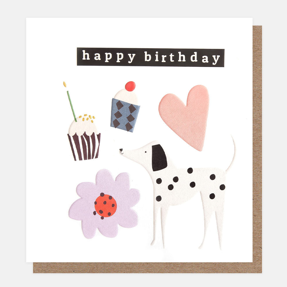 Dalmatian, cupcakes, pink heart & flower happy birthday card