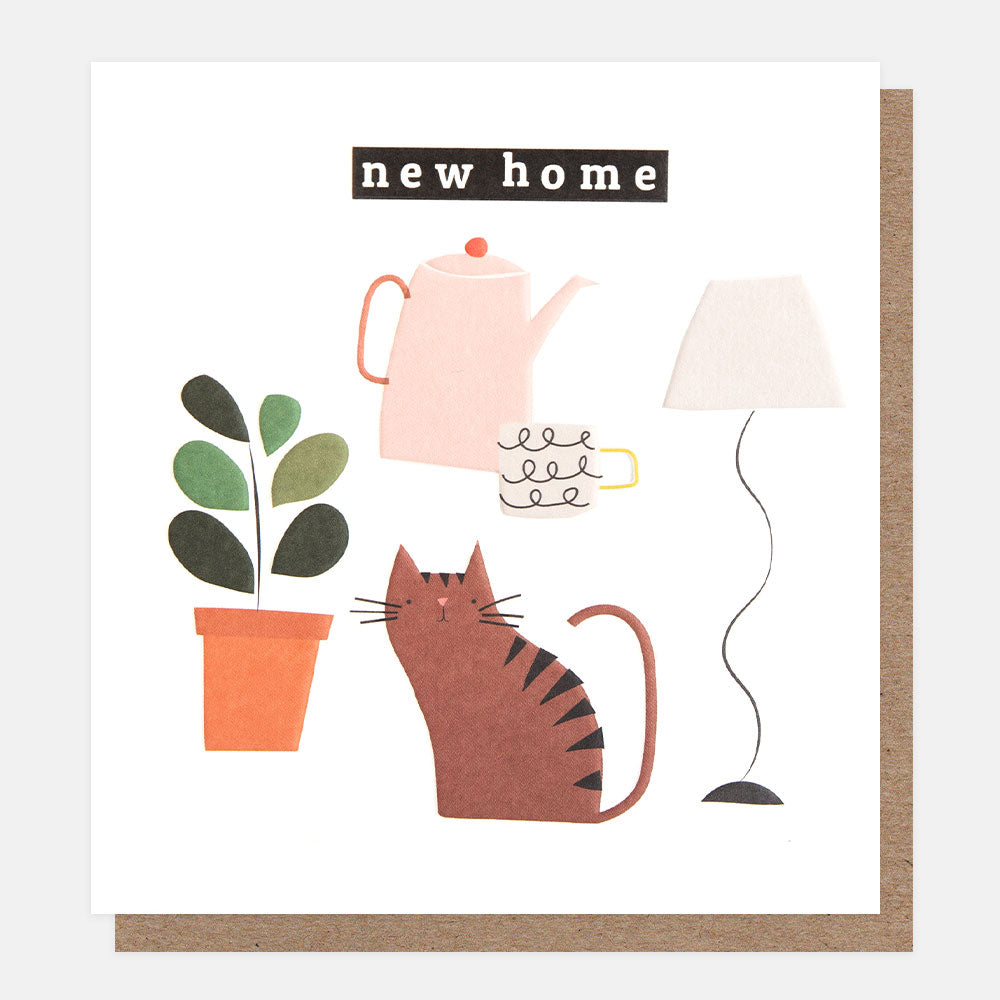 cat, plant, lamp & tea set new home card